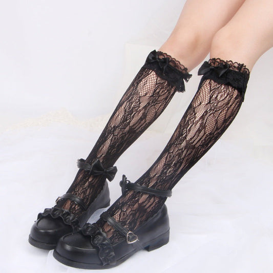 Anime stockings with Korean cute soft lace design, featuring black lace pattern, paired with stylish shoes.