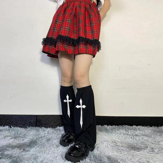 Campus Gothic Style Pure Color Thin Trendy Socks in black with cross design, paired with red plaid skirt.
